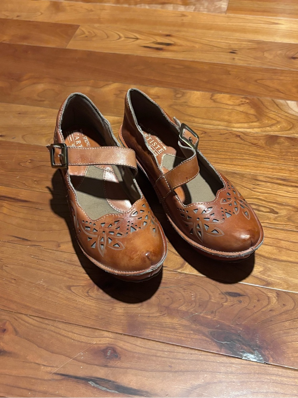 Spring Step Comfortable Brown Mary Jane Wedge with Floral Cutout Detail